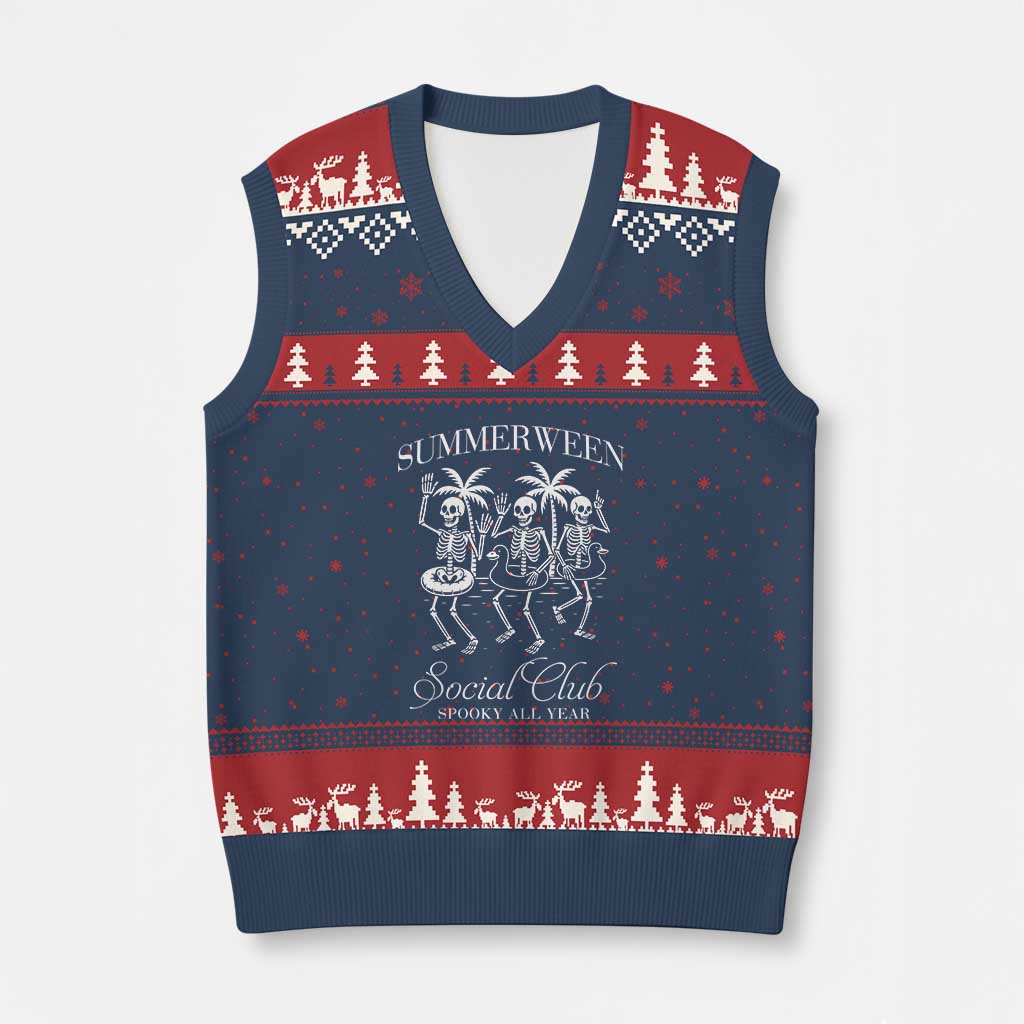 Summerween Social Club V-Neck Knit Sweater Vest Spooky All Year Skeleton Summer Halloween Beach Party - Wonder Print Shop
