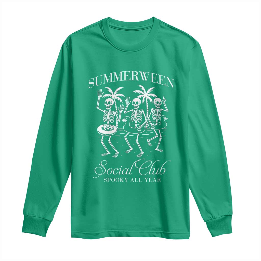 Summerween Social Club Long Sleeve Shirt Spooky All Year Skeleton Summer Halloween Beach Party - Wonder Print Shop