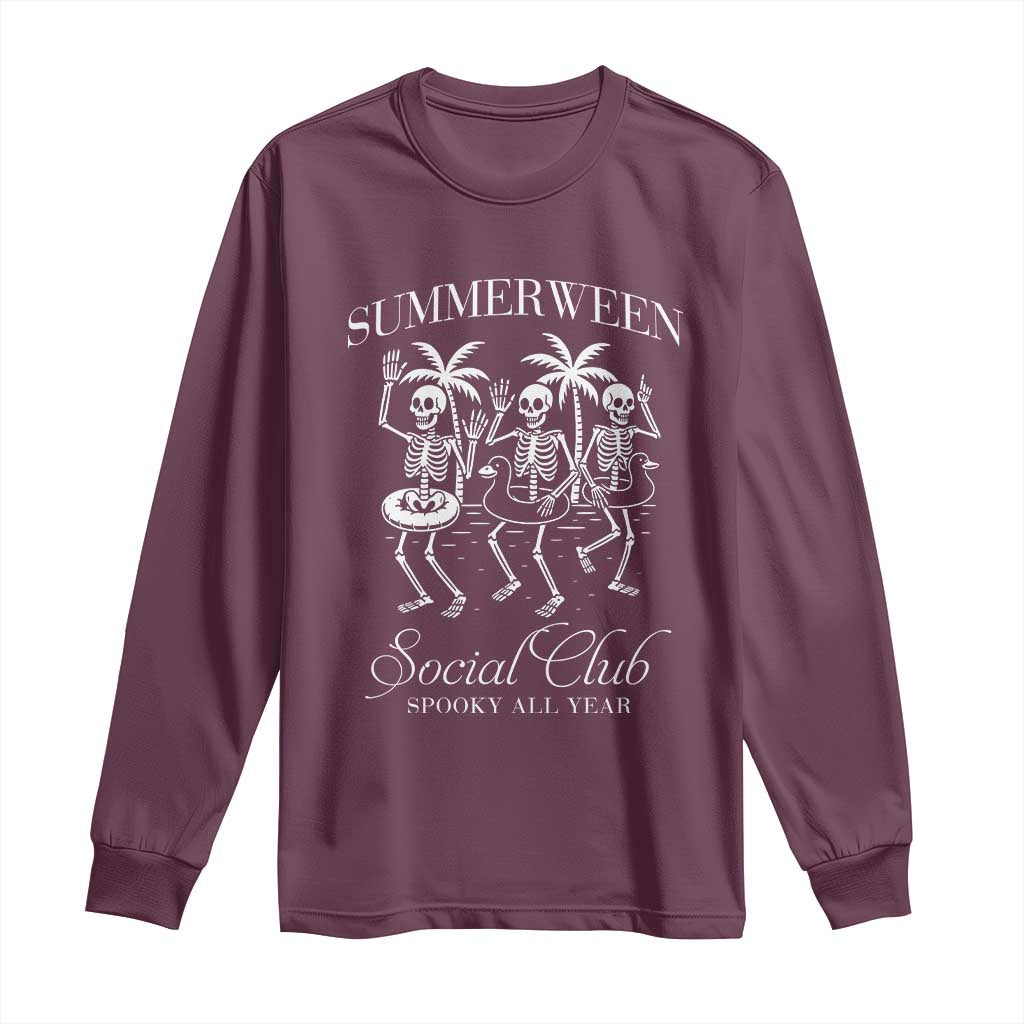 Summerween Social Club Long Sleeve Shirt Spooky All Year Skeleton Summer Halloween Beach Party - Wonder Print Shop