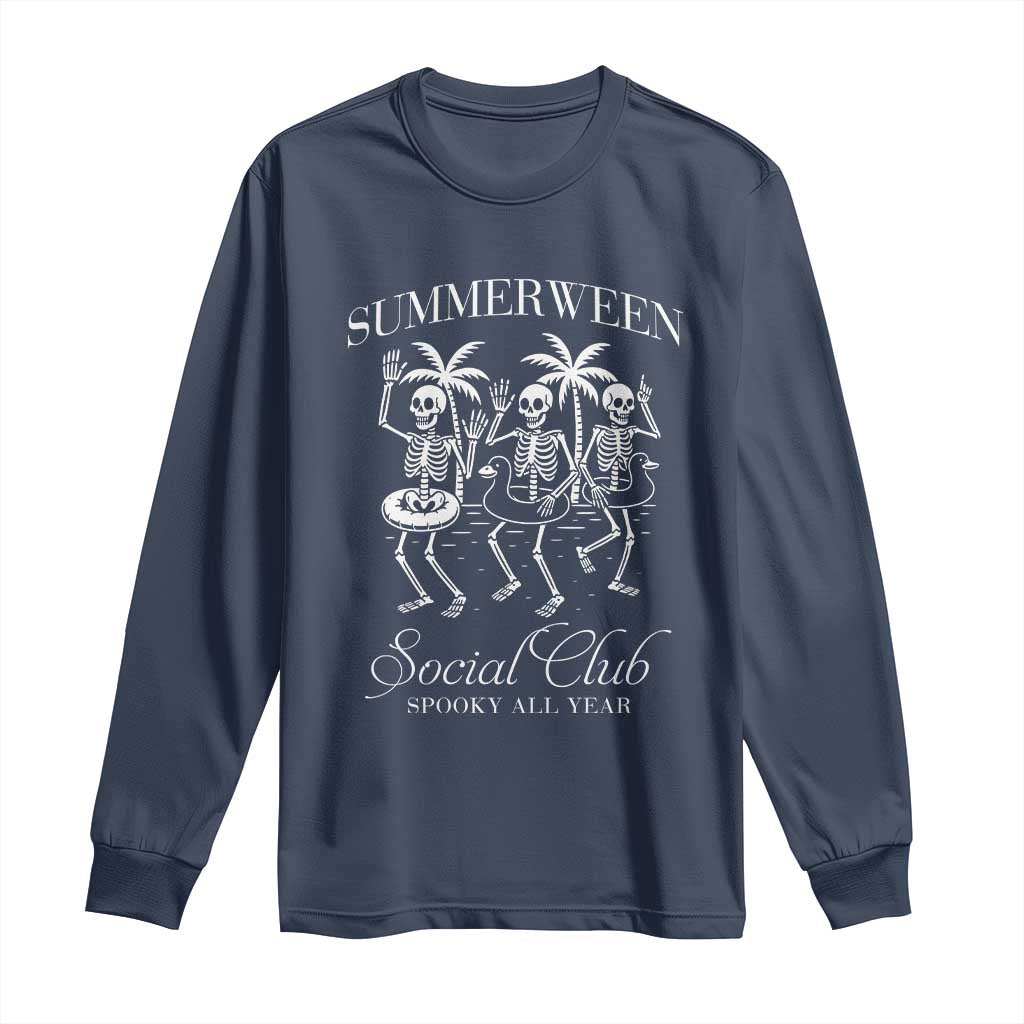 Summerween Social Club Long Sleeve Shirt Spooky All Year Skeleton Summer Halloween Beach Party - Wonder Print Shop