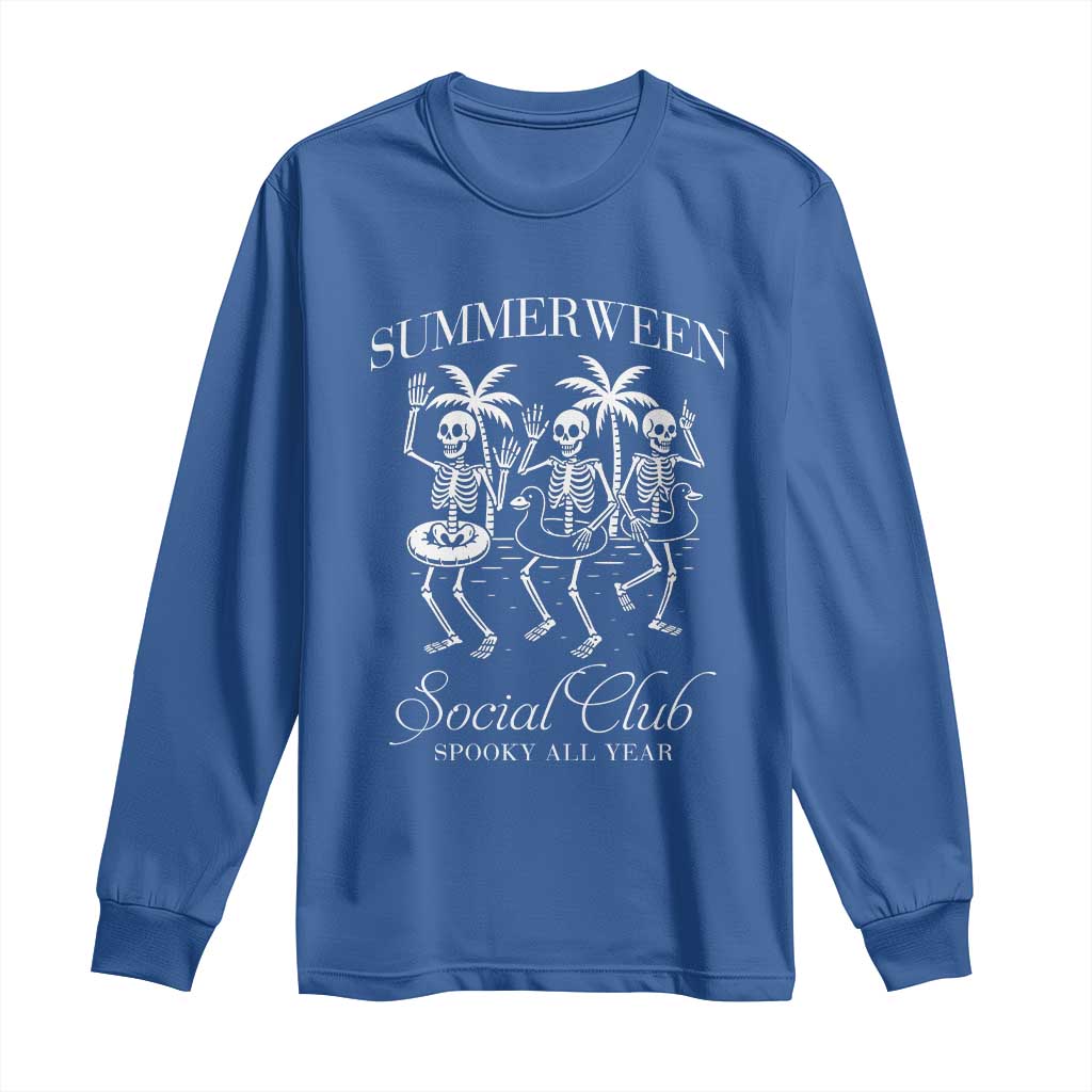 Summerween Social Club Long Sleeve Shirt Spooky All Year Skeleton Summer Halloween Beach Party - Wonder Print Shop
