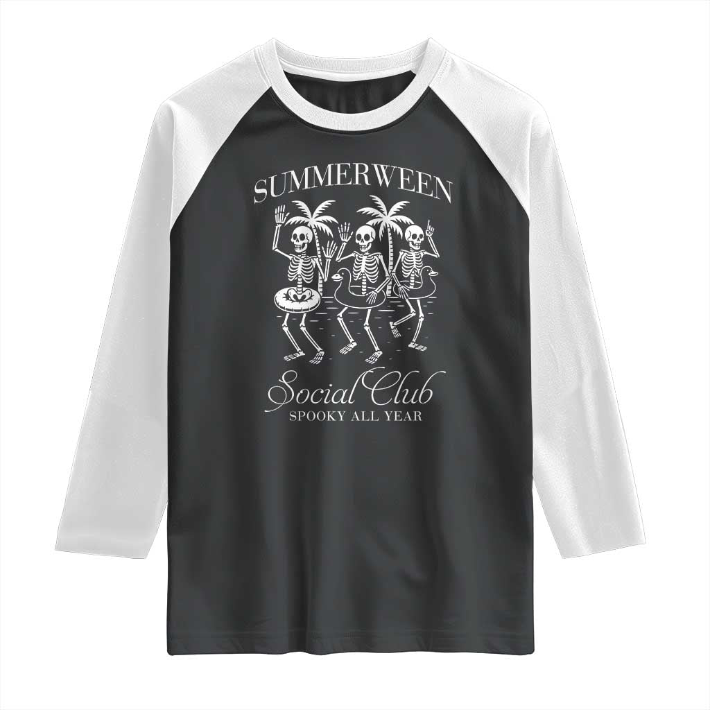 Summerween Social Club Raglan Shirt Spooky All Year Skeleton Summer Halloween Beach Party - Wonder Print Shop