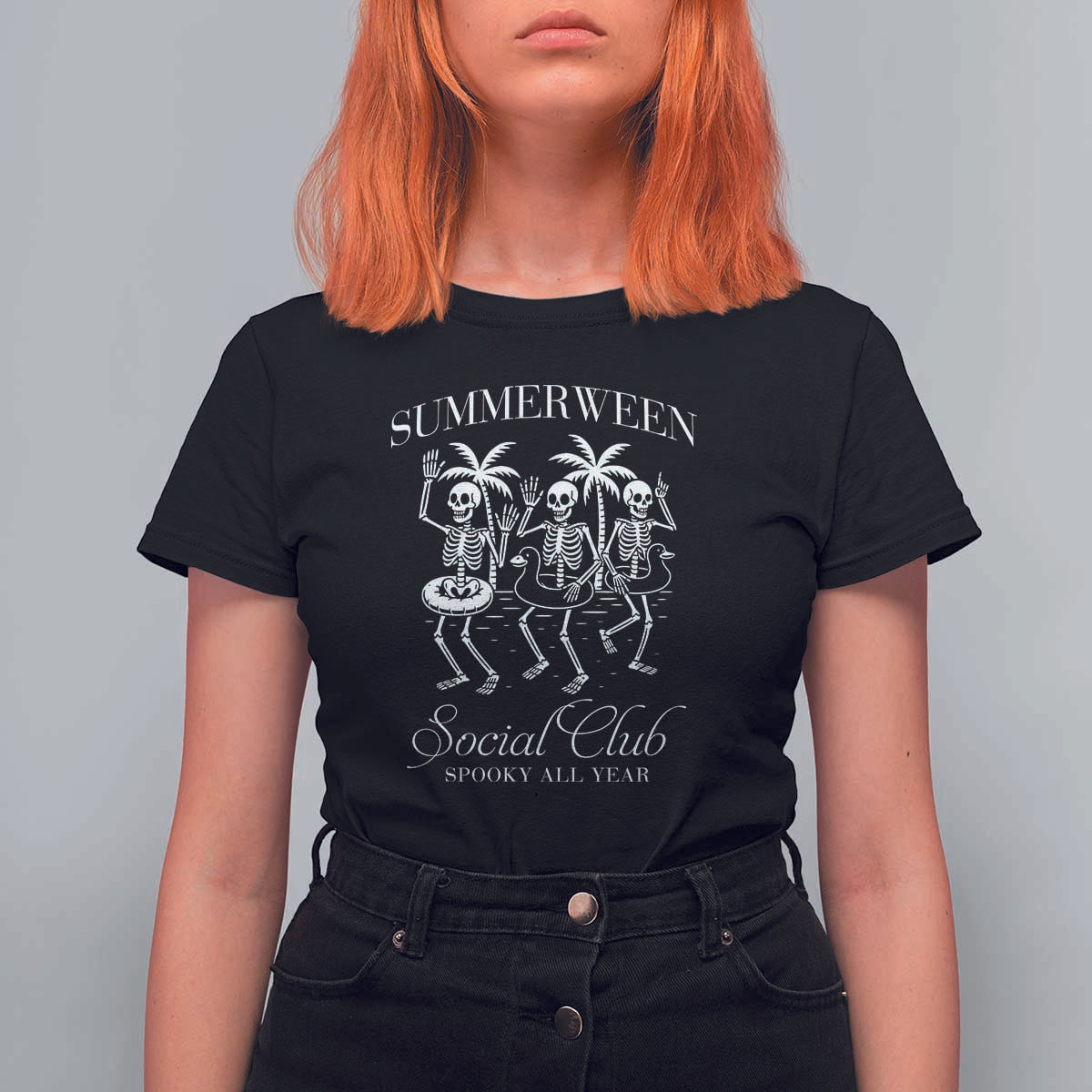 Summerween Social Club T Shirt For Women Spooky All Year Skeleton Summer Halloween Beach Party - Wonder Print Shop