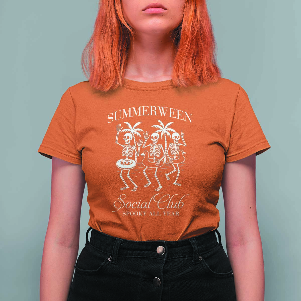 Summerween Social Club T Shirt For Women Spooky All Year Skeleton Summer Halloween Beach Party - Wonder Print Shop