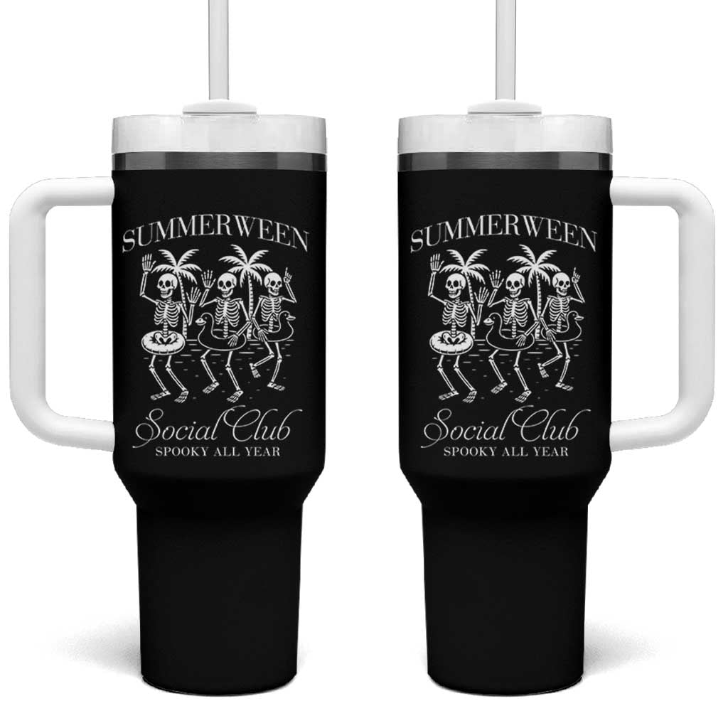 Summerween Social Club Tumbler With Handle Spooky All Year Skeleton Summer Halloween Beach Party - Wonder Print Shop