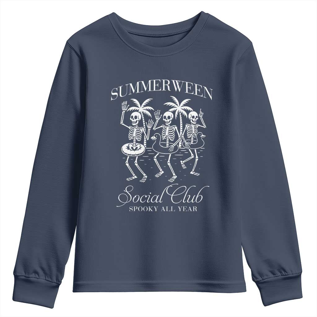 Summerween Social Club Youth Sweatshirt Spooky All Year Skeleton Summer Halloween Beach Party - Wonder Print Shop