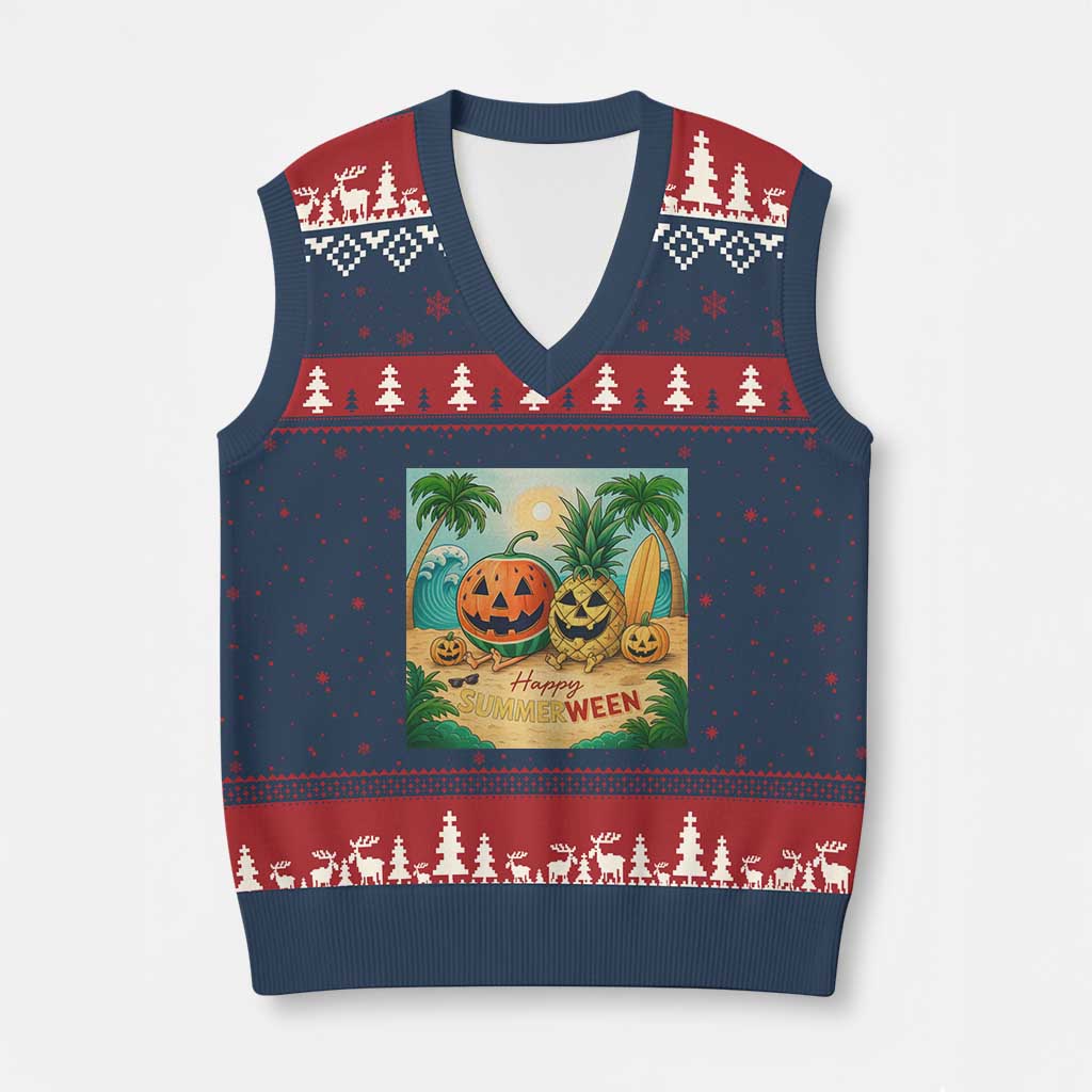 Retro Tropical Summerween V-Neck Knit Sweater Vest Halloween Summer Beach Cocktail Boo - Wonder Print Shop