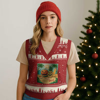 Retro Tropical Summerween V-Neck Knit Sweater Vest Halloween Summer Beach Cocktail Boo - Wonder Print Shop