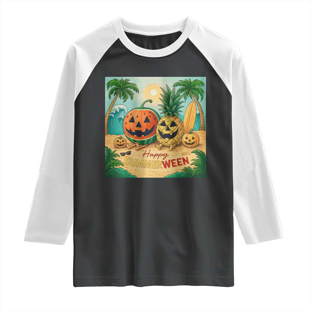 Retro Tropical Summerween Raglan Shirt Halloween Summer Beach Cocktail Boo - Wonder Print Shop