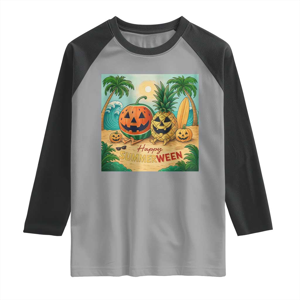 Retro Tropical Summerween Raglan Shirt Halloween Summer Beach Cocktail Boo - Wonder Print Shop