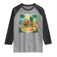 Retro Tropical Summerween Raglan Shirt Halloween Summer Beach Cocktail Boo - Wonder Print Shop