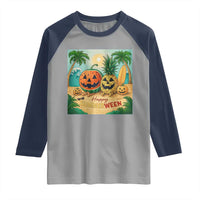 Retro Tropical Summerween Raglan Shirt Halloween Summer Beach Cocktail Boo - Wonder Print Shop