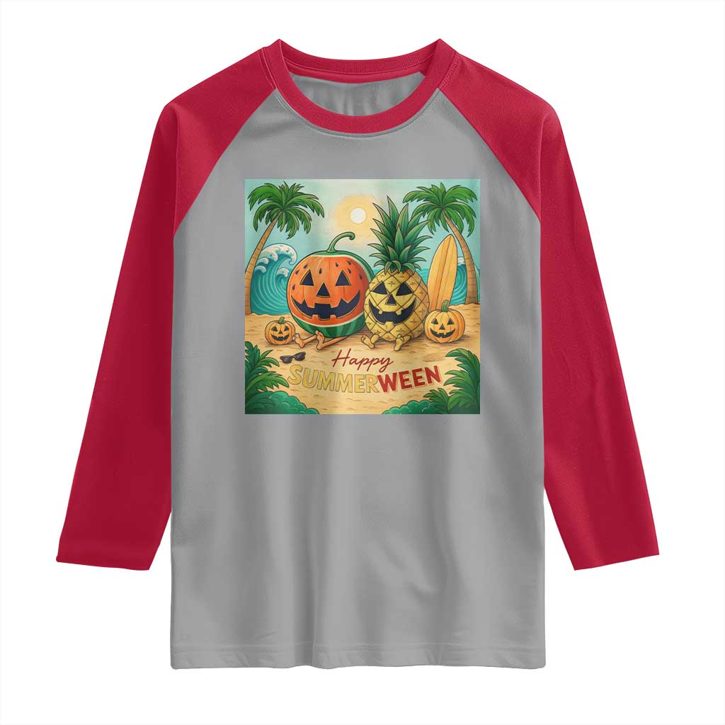 Retro Tropical Summerween Raglan Shirt Halloween Summer Beach Cocktail Boo - Wonder Print Shop