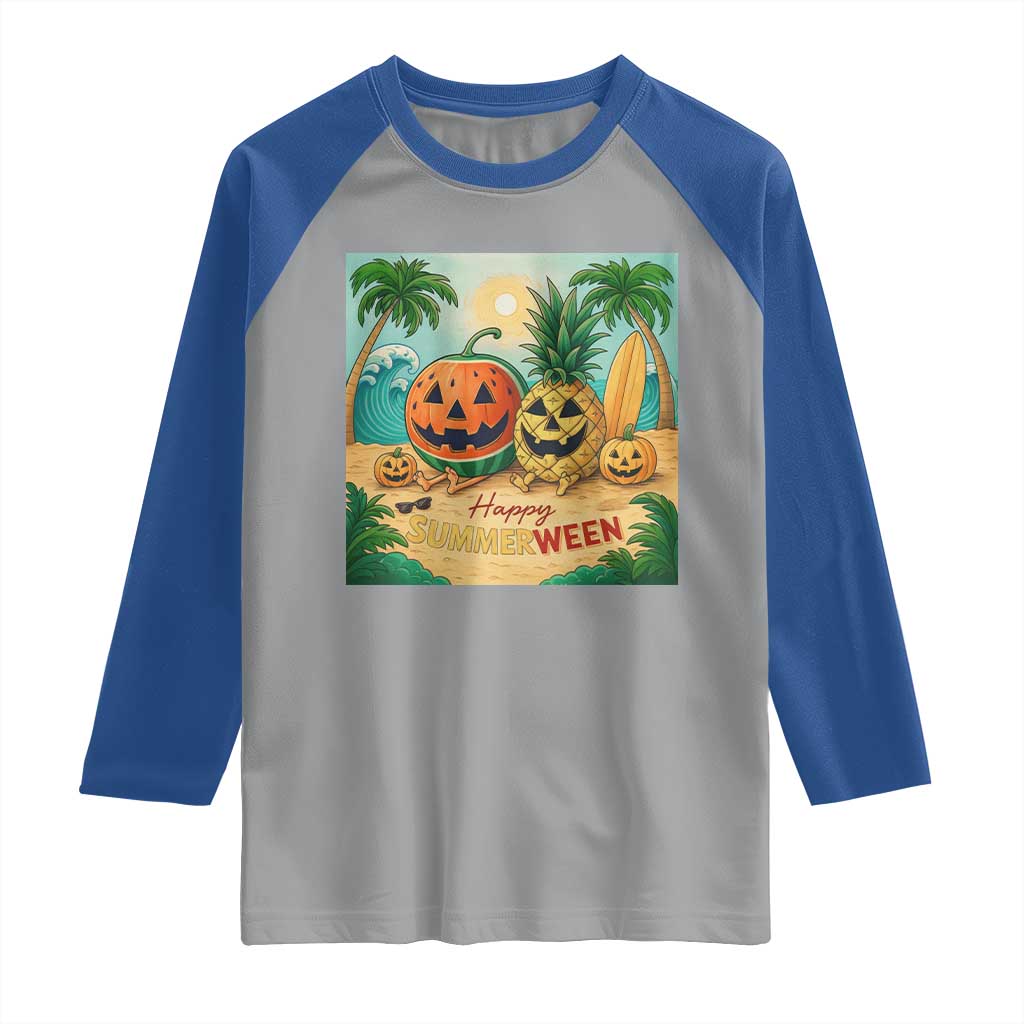 Retro Tropical Summerween Raglan Shirt Halloween Summer Beach Cocktail Boo - Wonder Print Shop