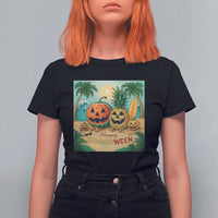 Retro Tropical Summerween T Shirt For Women Halloween Summer Beach Cocktail Boo - Wonder Print Shop