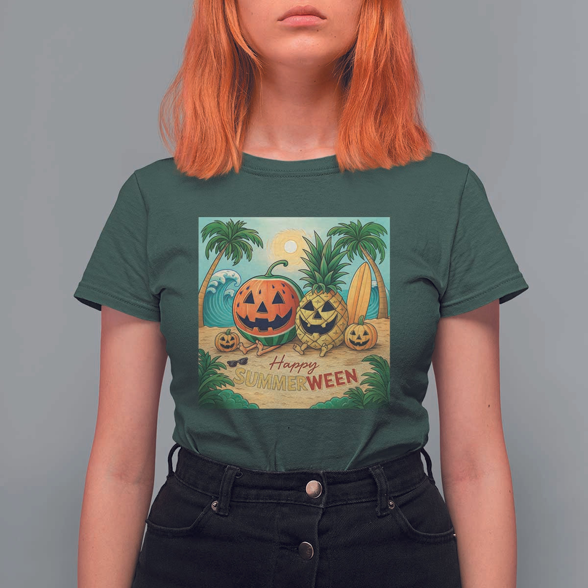Retro Tropical Summerween T Shirt For Women Halloween Summer Beach Cocktail Boo - Wonder Print Shop