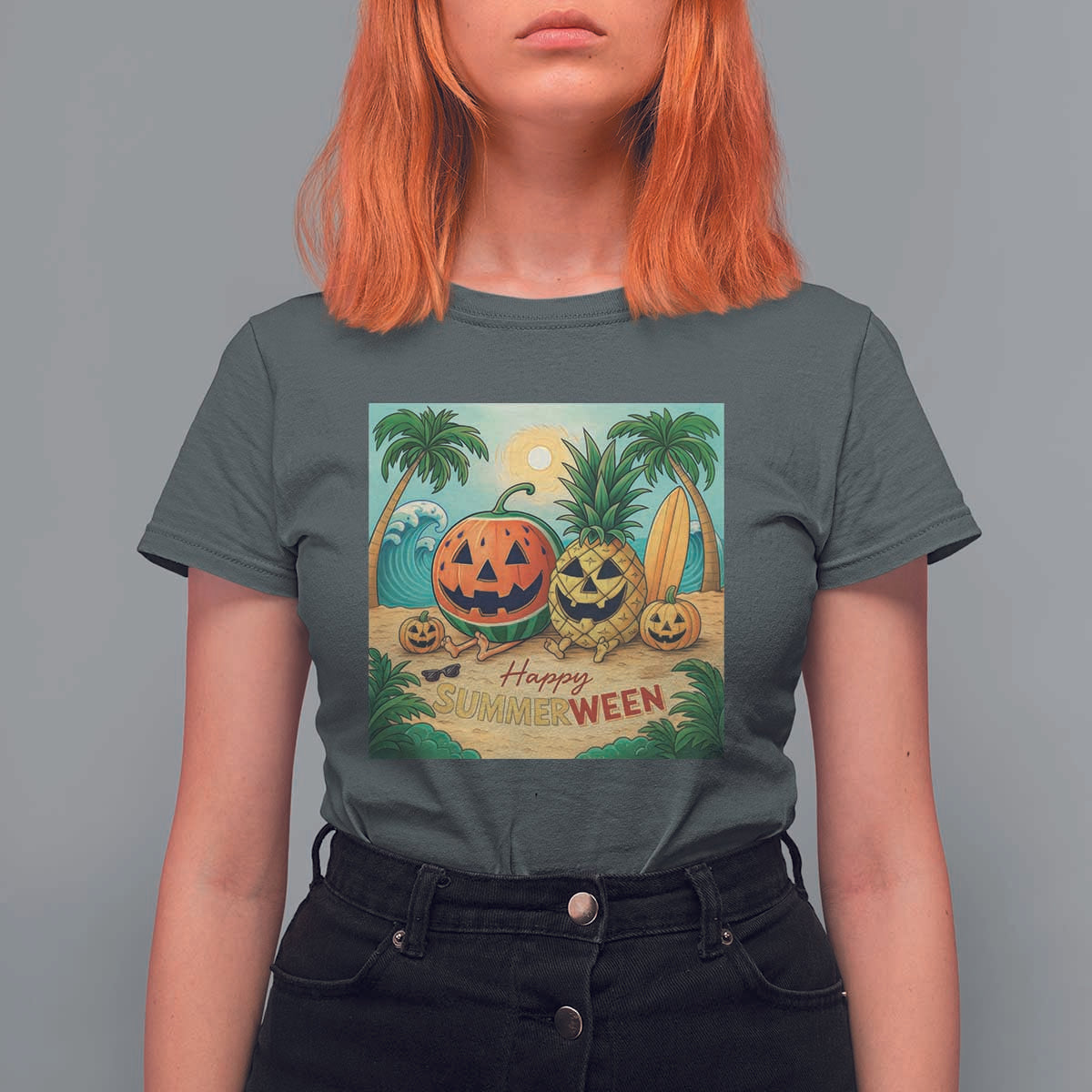 Retro Tropical Summerween T Shirt For Women Halloween Summer Beach Cocktail Boo - Wonder Print Shop