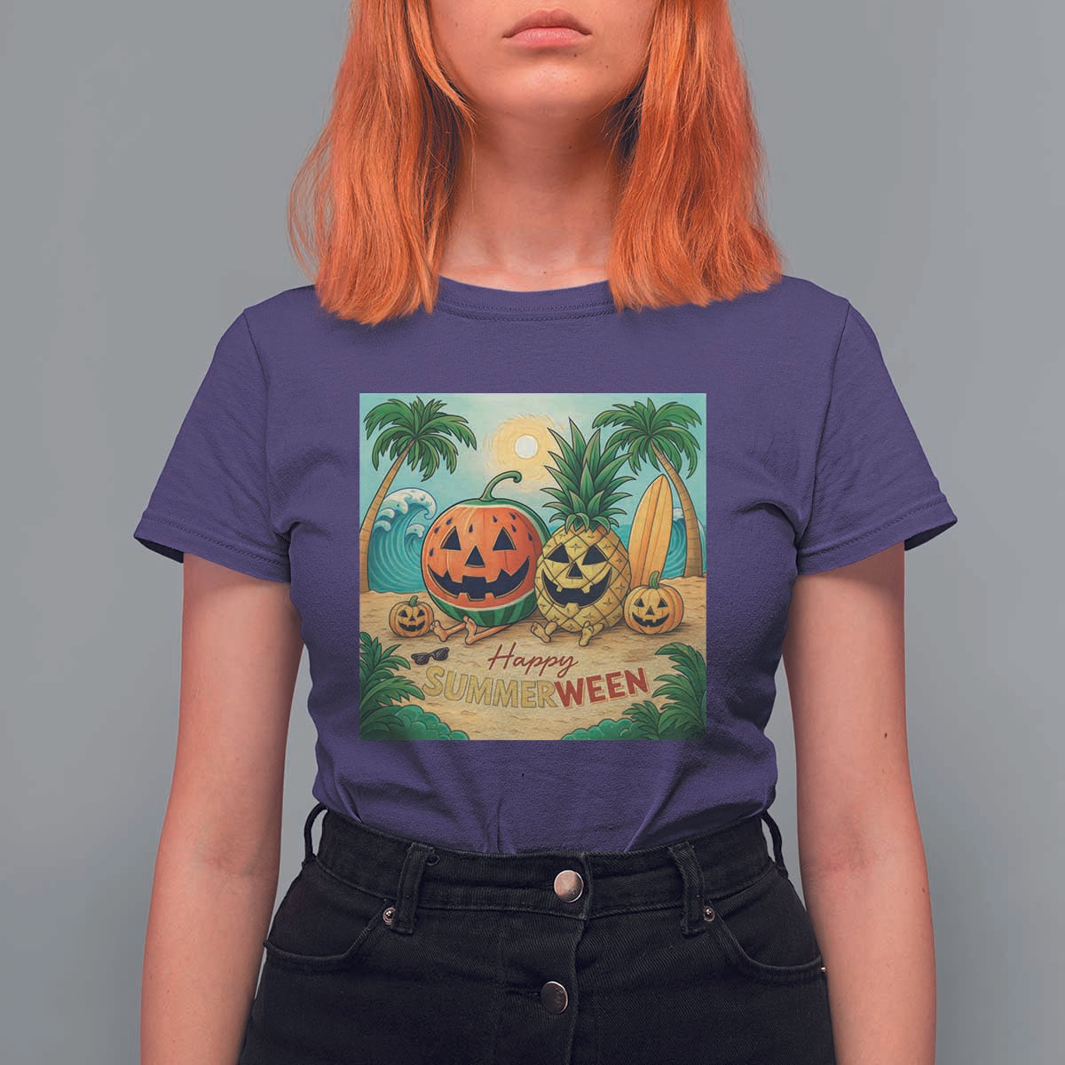 Retro Tropical Summerween T Shirt For Women Halloween Summer Beach Cocktail Boo - Wonder Print Shop