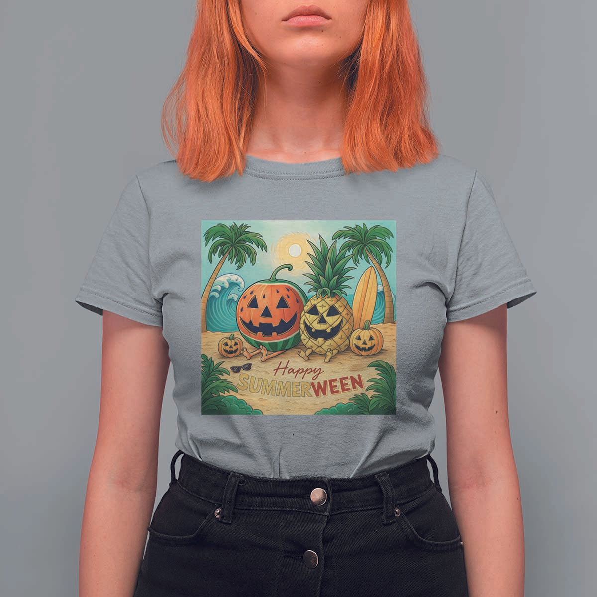 Retro Tropical Summerween T Shirt For Women Halloween Summer Beach Cocktail Boo - Wonder Print Shop
