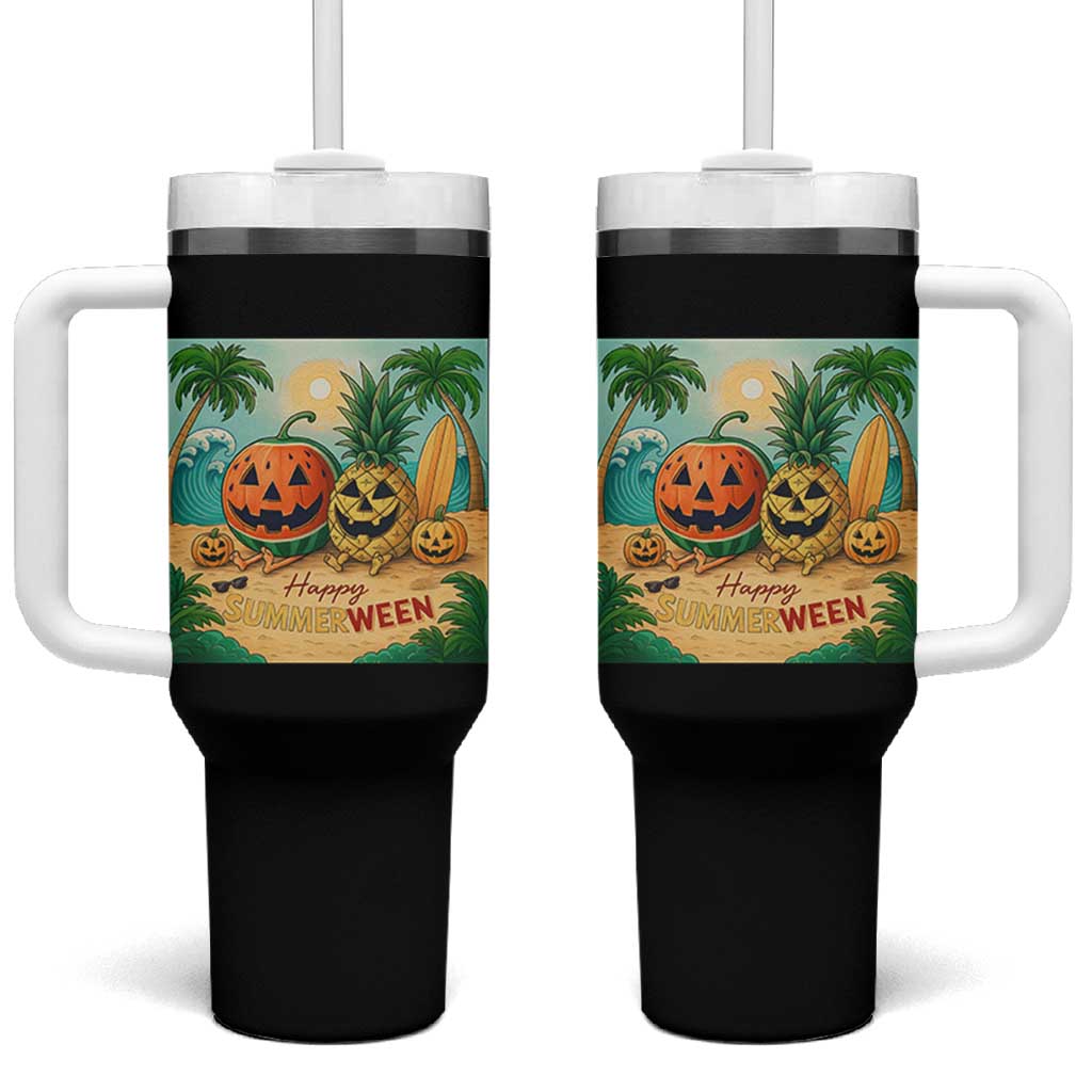 Retro Tropical Summerween Tumbler With Handle Halloween Summer Beach Cocktail Boo - Wonder Print Shop