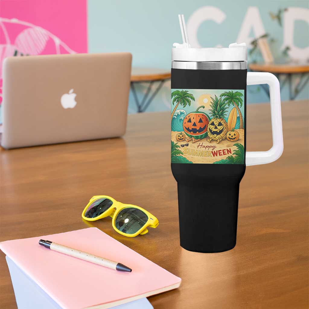 Retro Tropical Summerween Tumbler With Handle Halloween Summer Beach Cocktail Boo - Wonder Print Shop