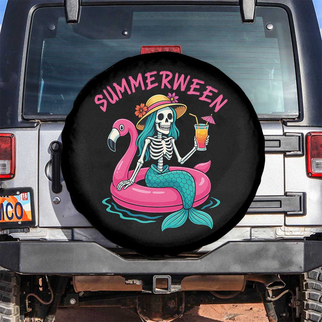 Summerween Skeleton Mermaid Spare Tire Cover Flamingo Float Funny Spooky Summer Halloween Vibes - Wonder Print Shop
