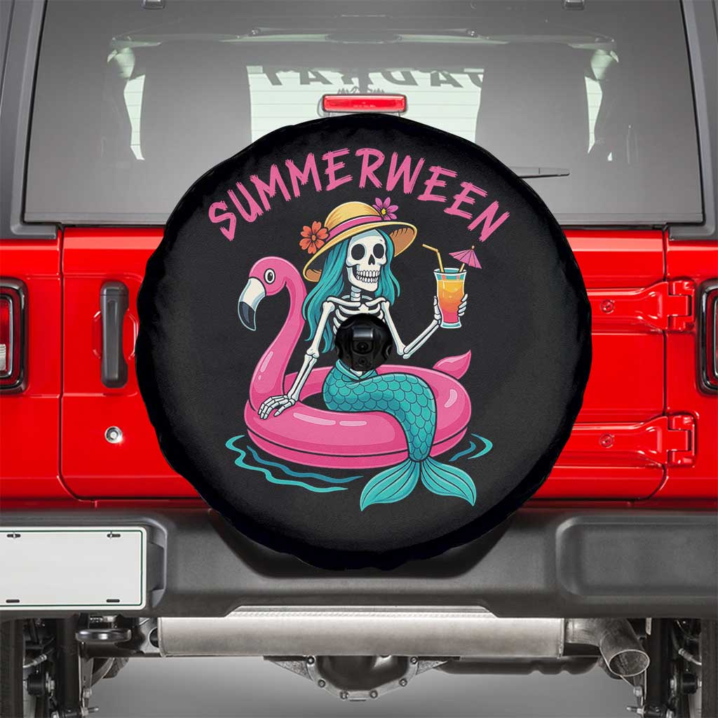 Summerween Skeleton Mermaid Spare Tire Cover Flamingo Float Funny Spooky Summer Halloween Vibes - Wonder Print Shop