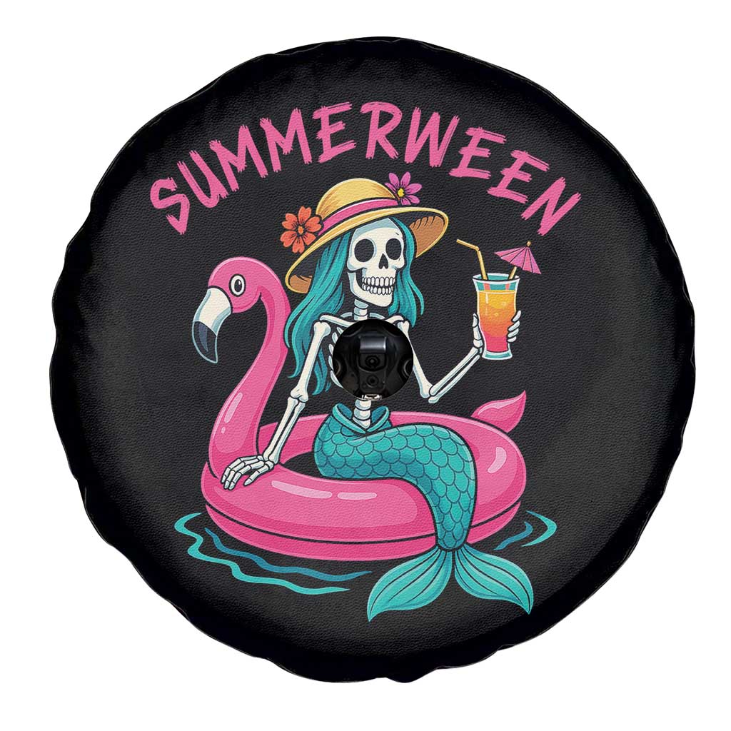 Summerween Skeleton Mermaid Spare Tire Cover Flamingo Float Funny Spooky Summer Halloween Vibes - Wonder Print Shop