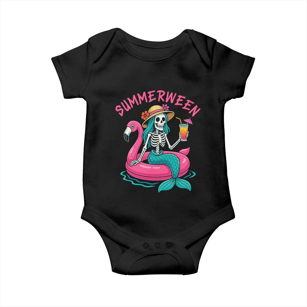 Summerween Skeleton Mermaid Baby Onesie Flamingo Float Funny Spooky Summer Halloween Vibes - Wonder Print Shop