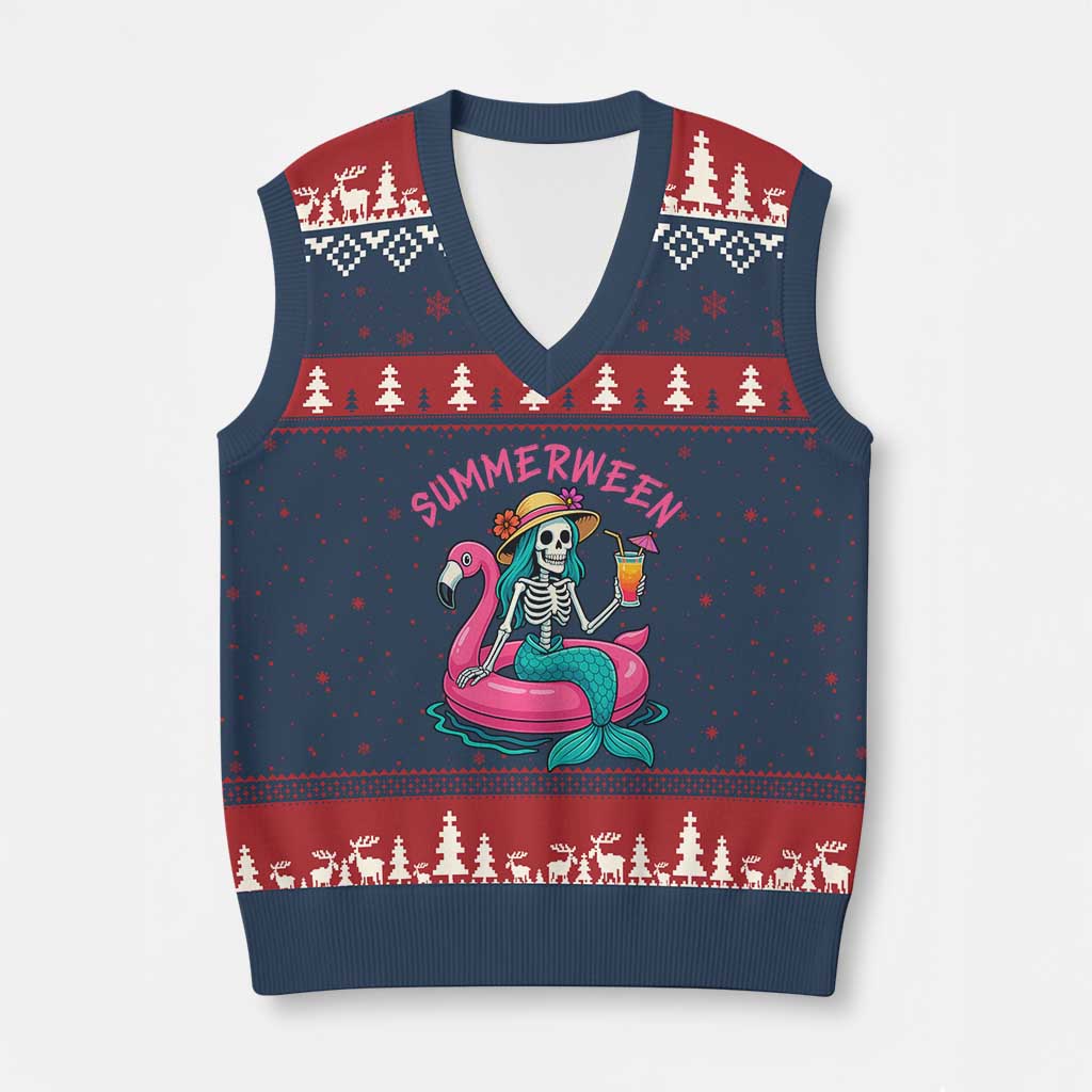 Summerween Skeleton Mermaid V-Neck Knit Sweater Vest Flamingo Float Funny Spooky Summer Halloween Vibes - Wonder Print Shop