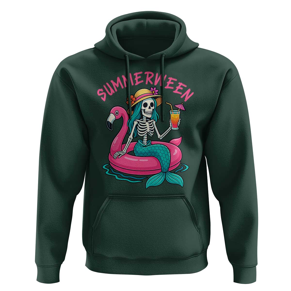 Summerween Skeleton Mermaid Hoodie Flamingo Float Funny Spooky Summer Halloween Vibes - Wonder Print Shop