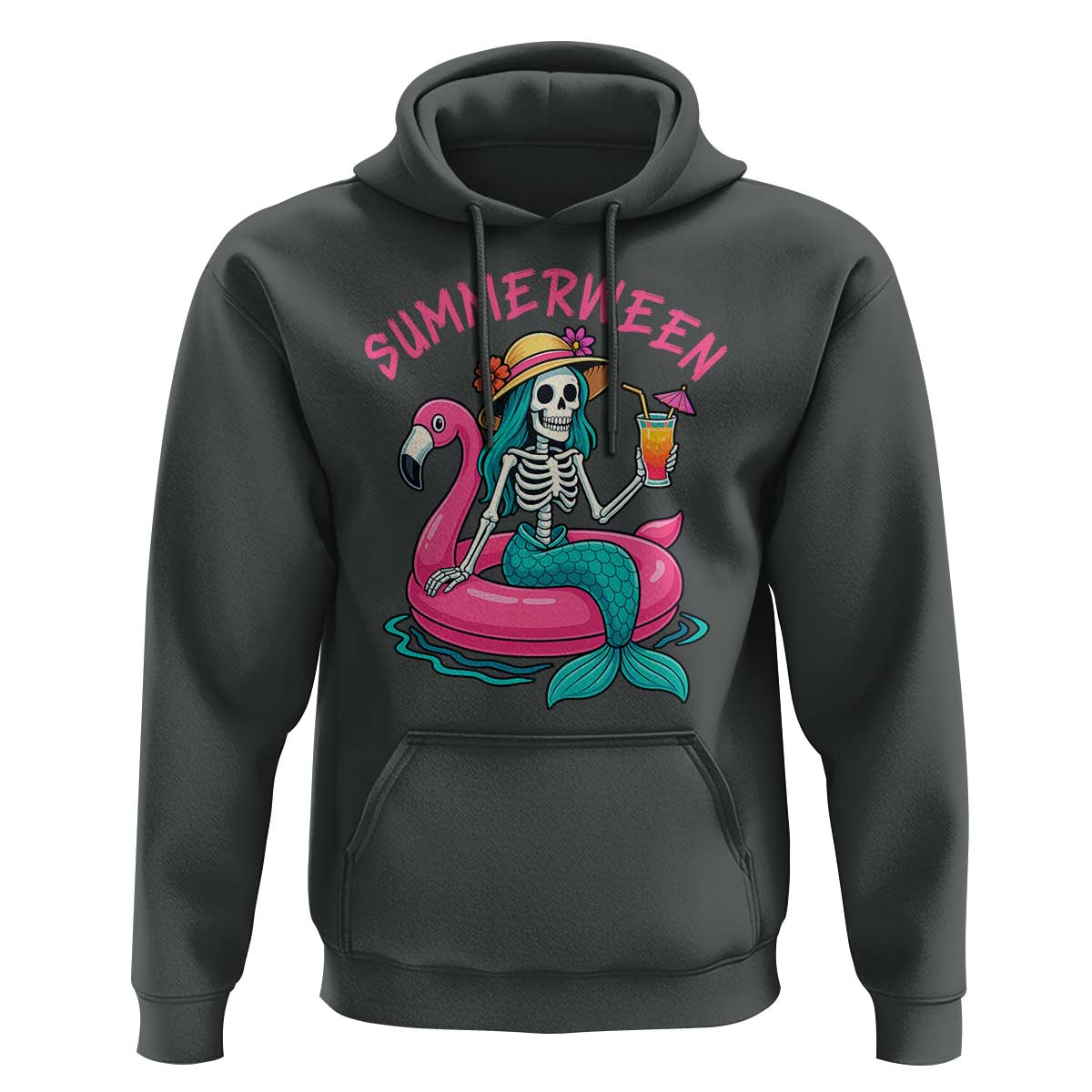 Summerween Skeleton Mermaid Hoodie Flamingo Float Funny Spooky Summer Halloween Vibes - Wonder Print Shop