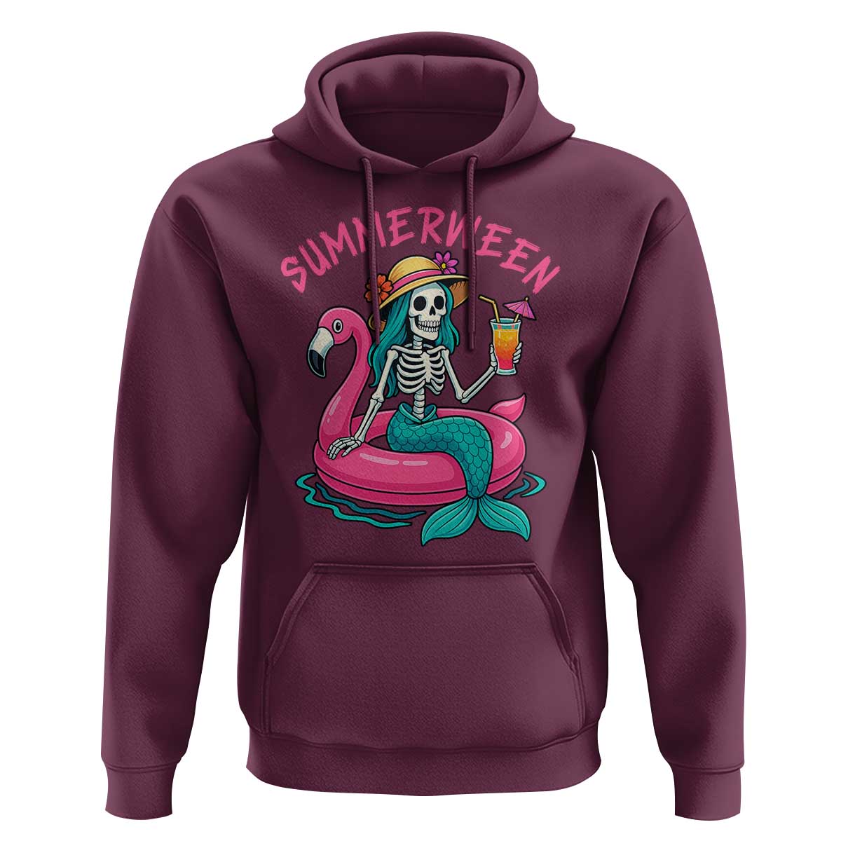 Summerween Skeleton Mermaid Hoodie Flamingo Float Funny Spooky Summer Halloween Vibes - Wonder Print Shop