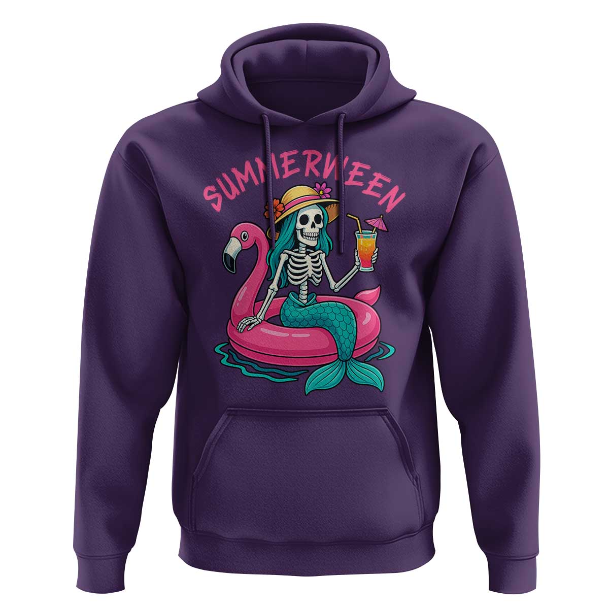 Summerween Skeleton Mermaid Hoodie Flamingo Float Funny Spooky Summer Halloween Vibes - Wonder Print Shop