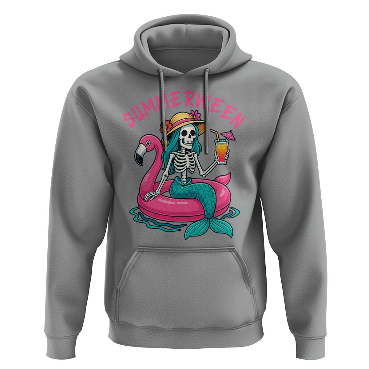Summerween Skeleton Mermaid Hoodie Flamingo Float Funny Spooky Summer Halloween Vibes - Wonder Print Shop