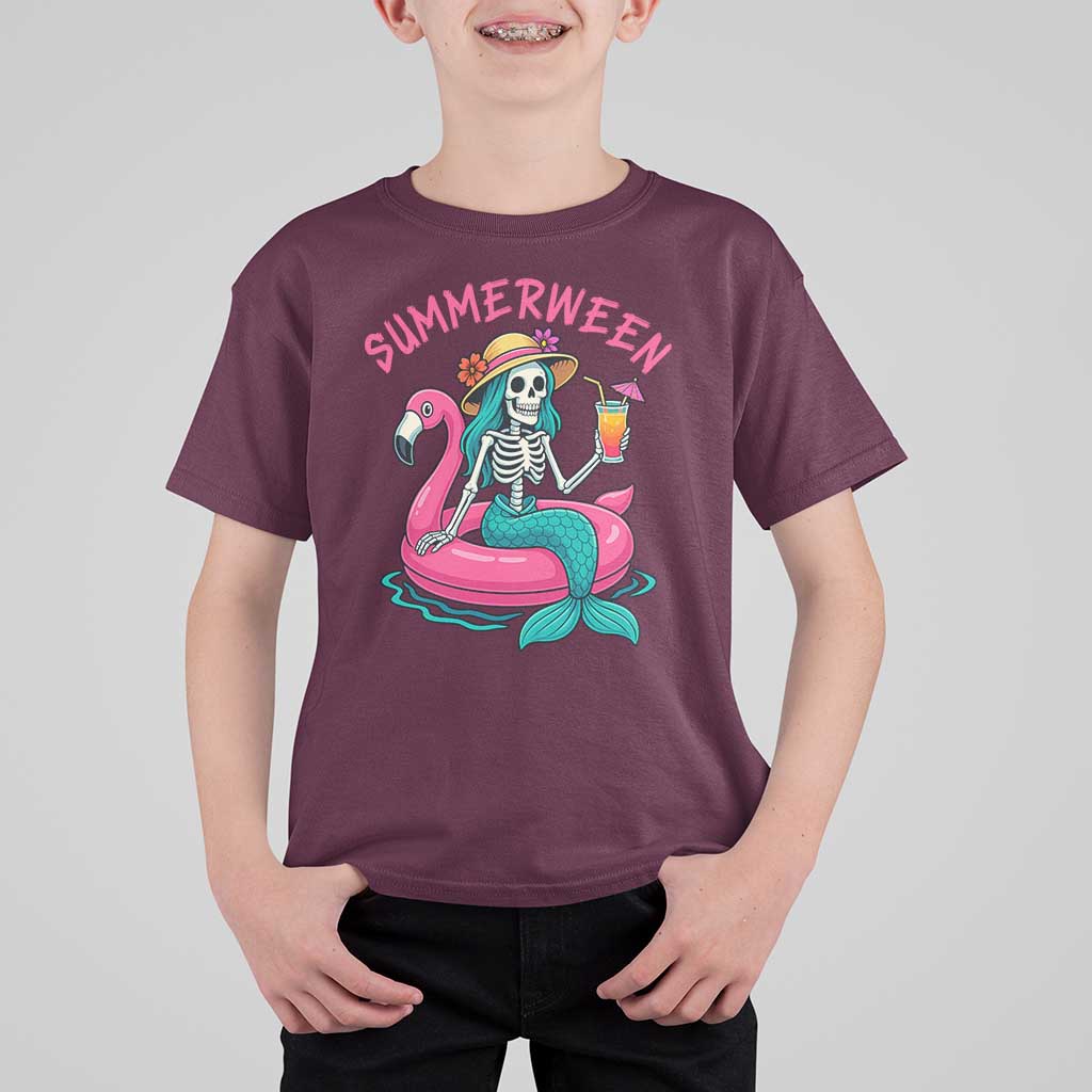 Summerween Skeleton Mermaid T Shirt For Kid Flamingo Float Funny Spooky Summer Halloween Vibes - Wonder Print Shop