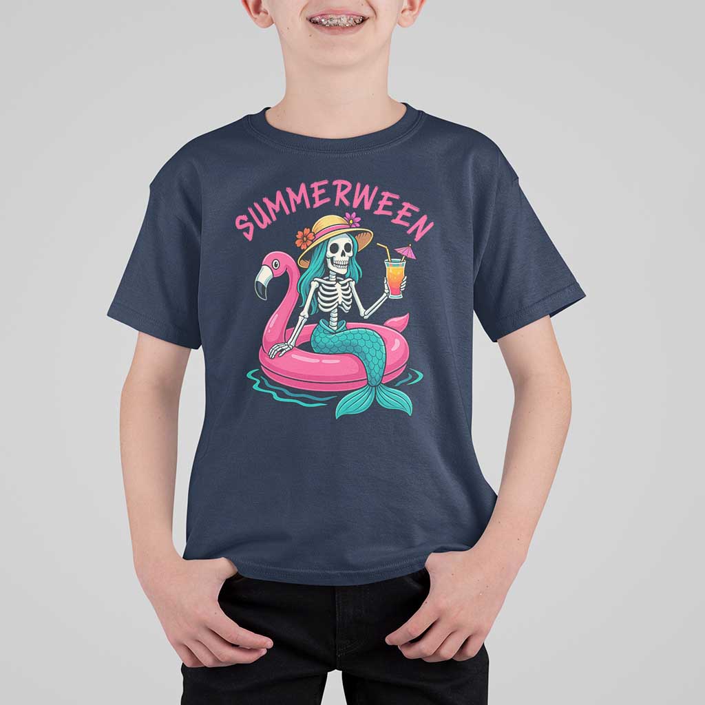 Summerween Skeleton Mermaid T Shirt For Kid Flamingo Float Funny Spooky Summer Halloween Vibes - Wonder Print Shop