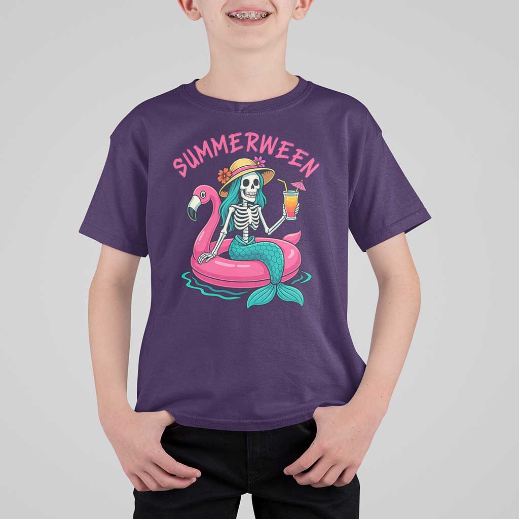 Summerween Skeleton Mermaid T Shirt For Kid Flamingo Float Funny Spooky Summer Halloween Vibes - Wonder Print Shop