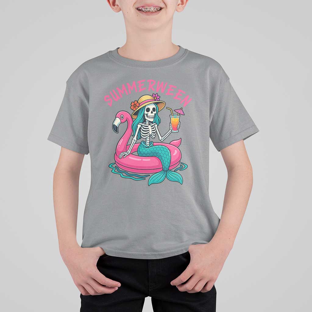 Summerween Skeleton Mermaid T Shirt For Kid Flamingo Float Funny Spooky Summer Halloween Vibes - Wonder Print Shop