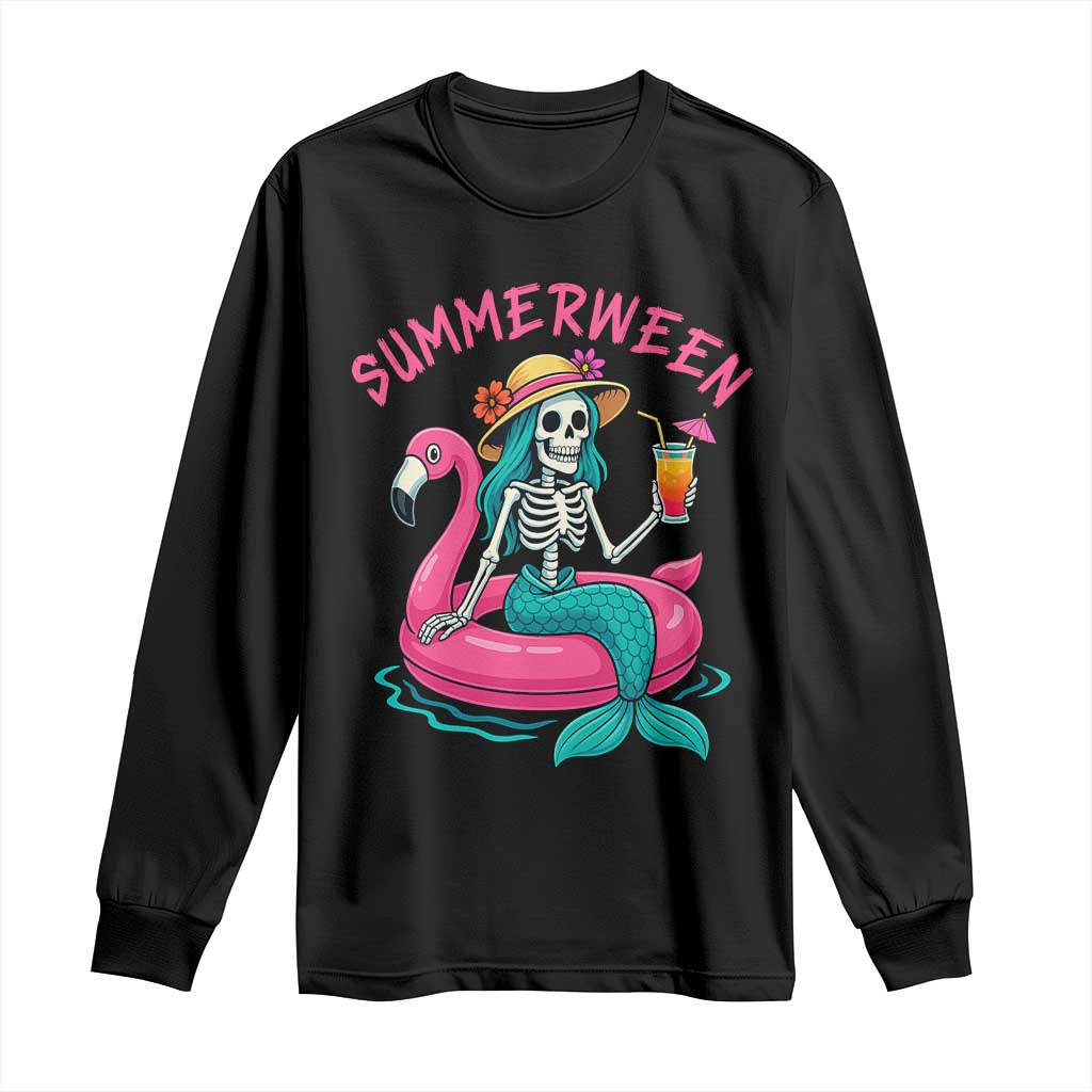 Summerween Skeleton Mermaid Long Sleeve Shirt Flamingo Float Funny Spooky Summer Halloween Vibes - Wonder Print Shop