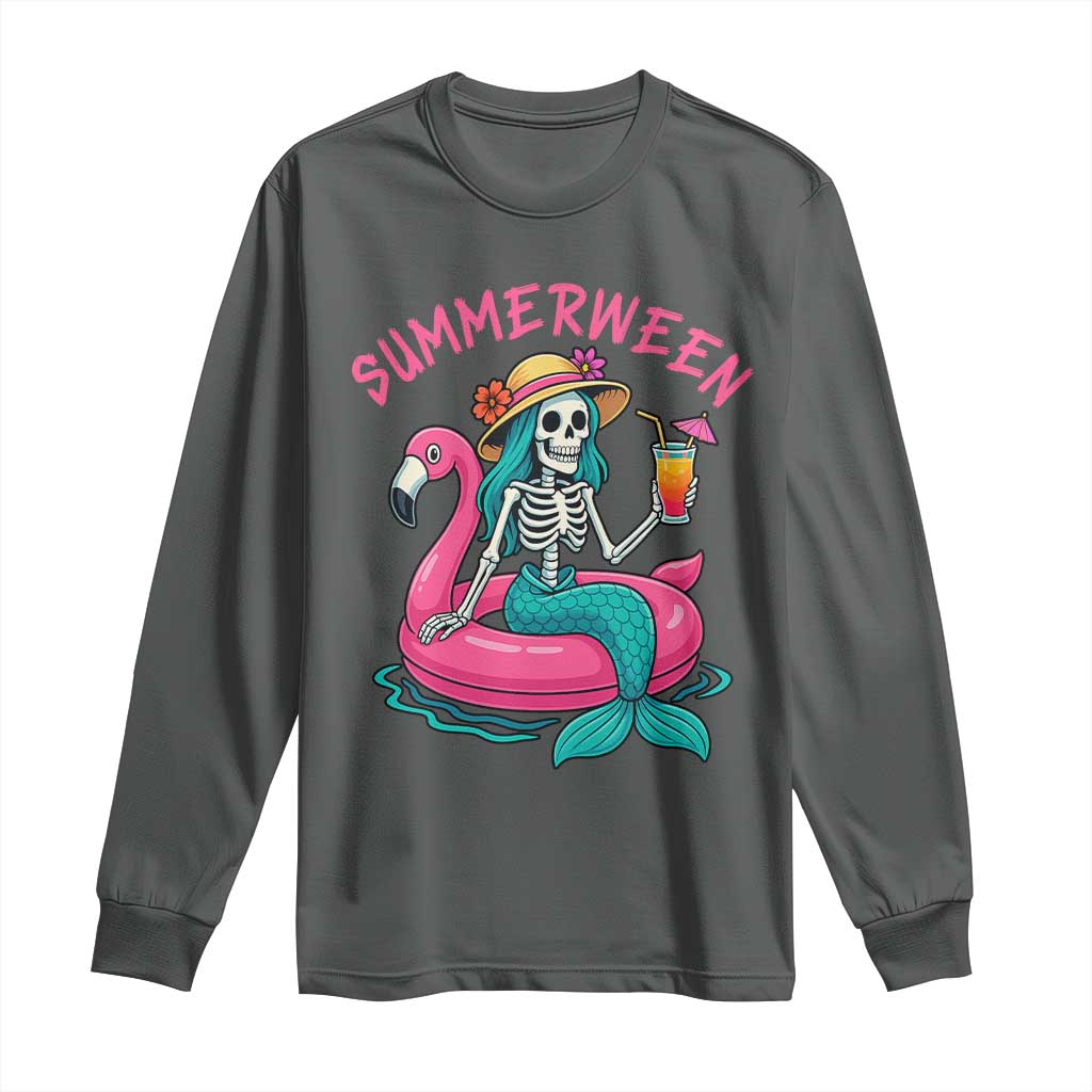 Summerween Skeleton Mermaid Long Sleeve Shirt Flamingo Float Funny Spooky Summer Halloween Vibes - Wonder Print Shop