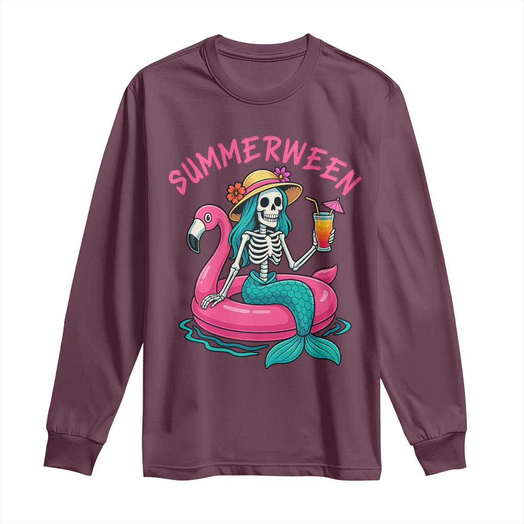 Summerween Skeleton Mermaid Long Sleeve Shirt Flamingo Float Funny Spooky Summer Halloween Vibes - Wonder Print Shop