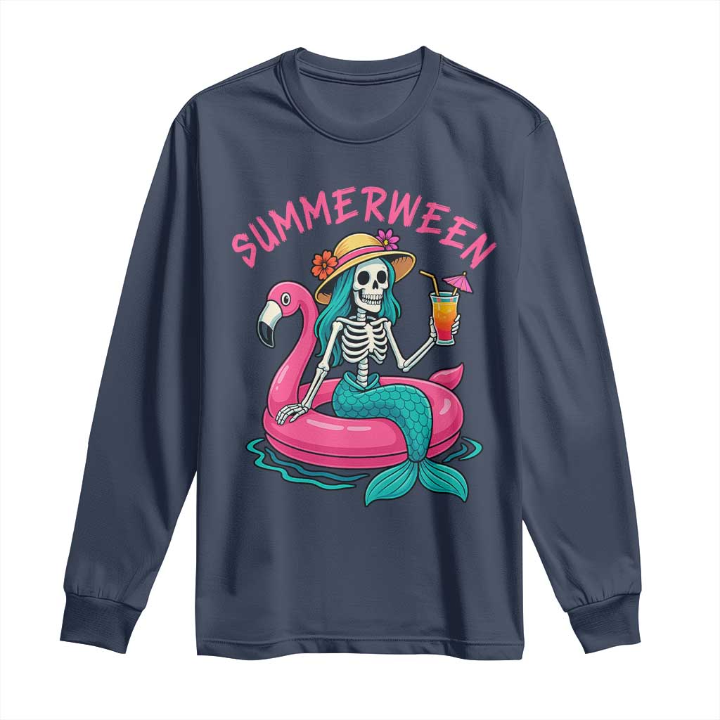 Summerween Skeleton Mermaid Long Sleeve Shirt Flamingo Float Funny Spooky Summer Halloween Vibes - Wonder Print Shop