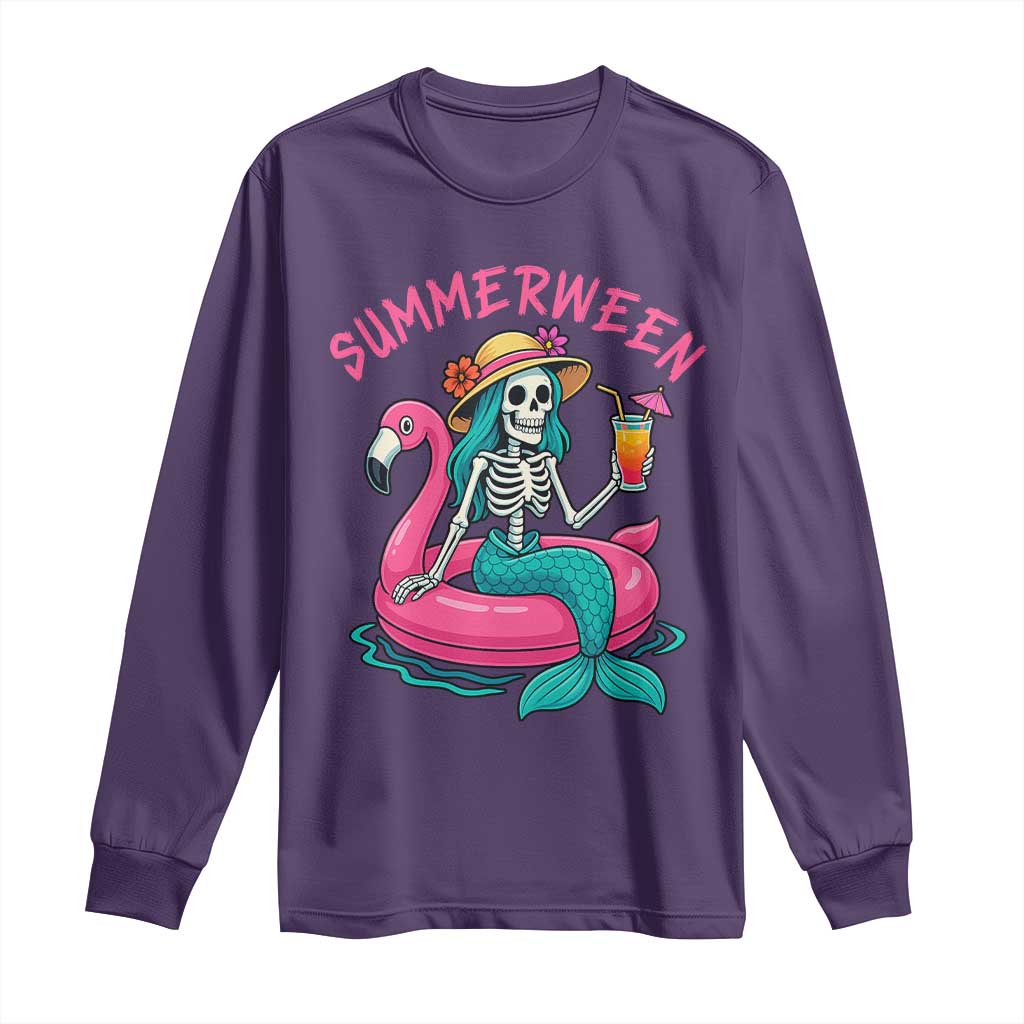 Summerween Skeleton Mermaid Long Sleeve Shirt Flamingo Float Funny Spooky Summer Halloween Vibes - Wonder Print Shop