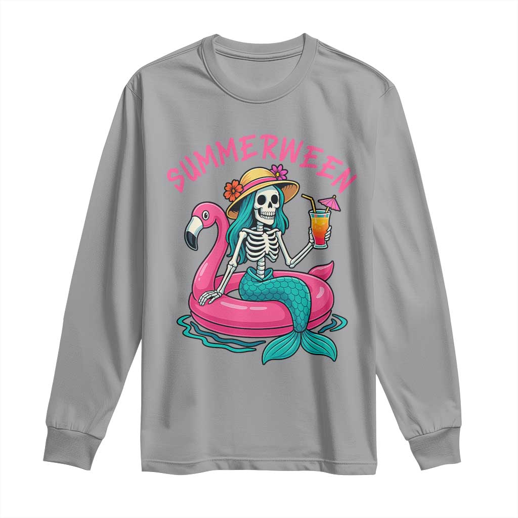 Summerween Skeleton Mermaid Long Sleeve Shirt Flamingo Float Funny Spooky Summer Halloween Vibes - Wonder Print Shop