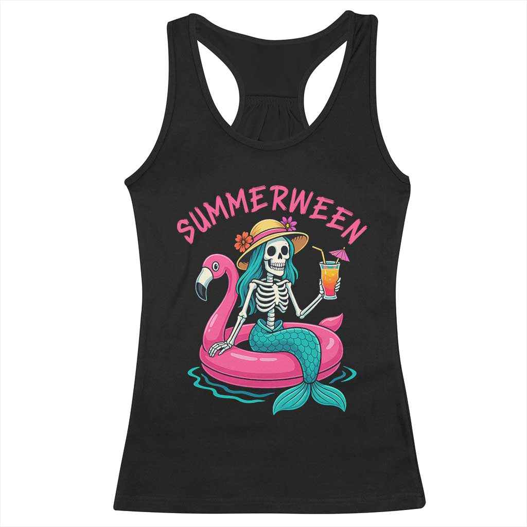 Summerween Skeleton Mermaid Racerback Tank Top Flamingo Float Funny Spooky Summer Halloween Vibes - Wonder Print Shop