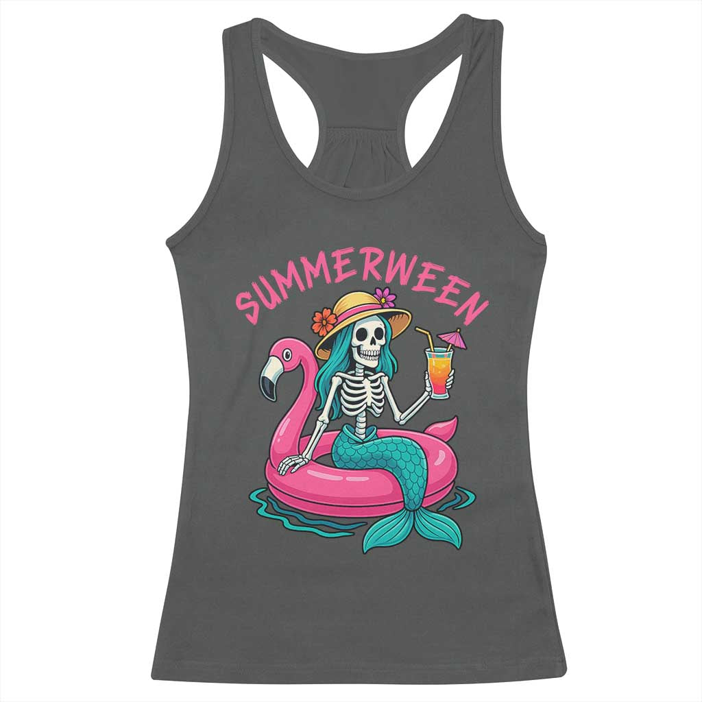 Summerween Skeleton Mermaid Racerback Tank Top Flamingo Float Funny Spooky Summer Halloween Vibes - Wonder Print Shop