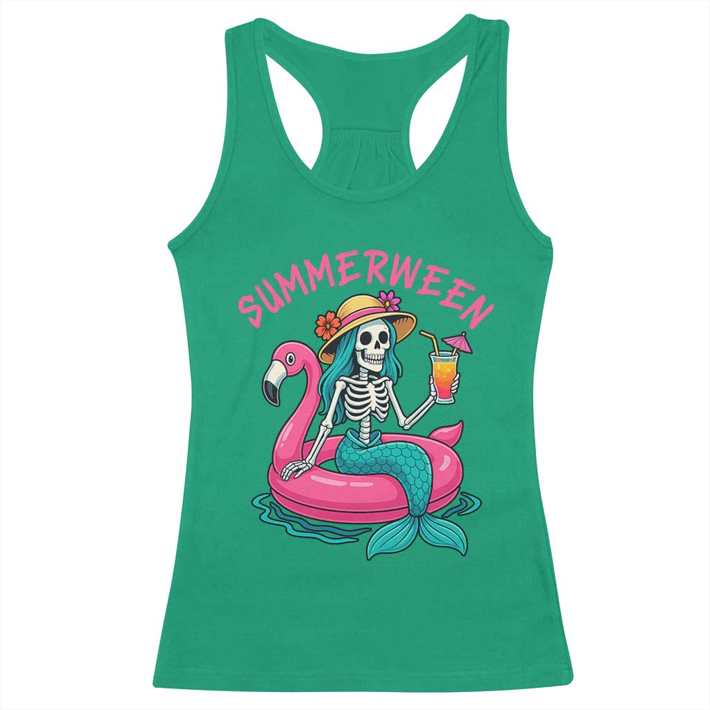 Summerween Skeleton Mermaid Racerback Tank Top Flamingo Float Funny Spooky Summer Halloween Vibes - Wonder Print Shop