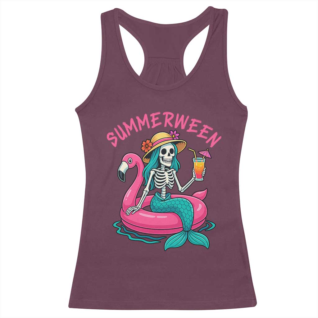 Summerween Skeleton Mermaid Racerback Tank Top Flamingo Float Funny Spooky Summer Halloween Vibes - Wonder Print Shop