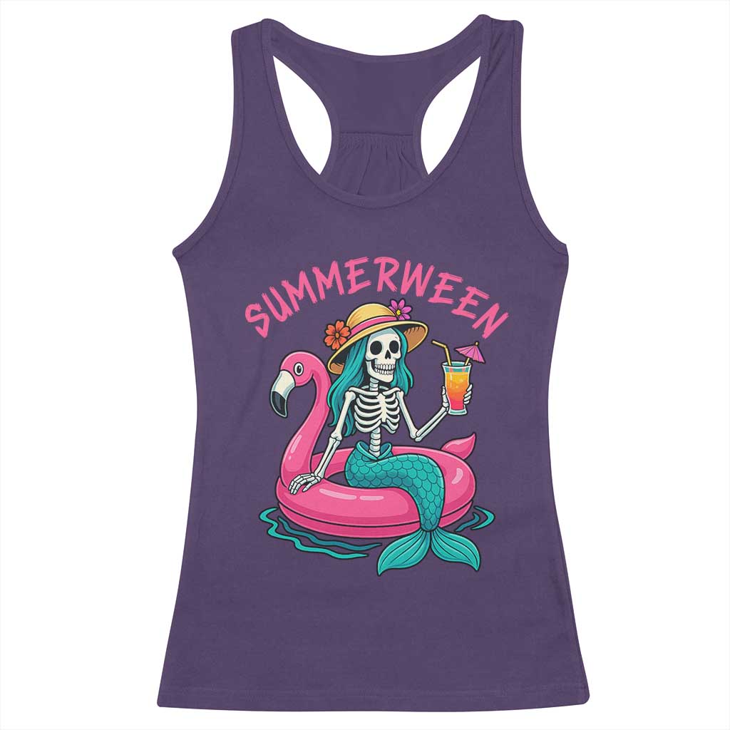 Summerween Skeleton Mermaid Racerback Tank Top Flamingo Float Funny Spooky Summer Halloween Vibes - Wonder Print Shop